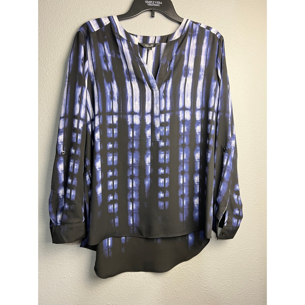 Simply Vera Vera Wang Blue Black Abstract Tie Dye Roll Tab Blouse Lg Psychedelic
